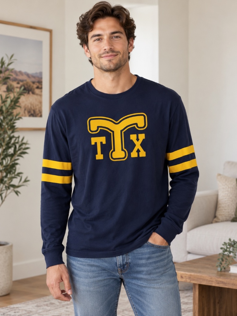Tecovas TX 15 Long Sleeve Shirt Men’s Large Navy Gold Texas Western Jersey Tee